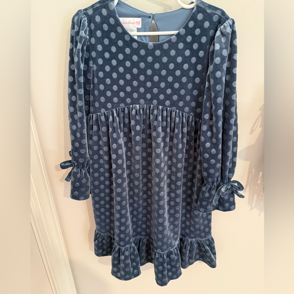 Bonnie Jean Blue Polka Dot Velvet Long Sleeve Dress
